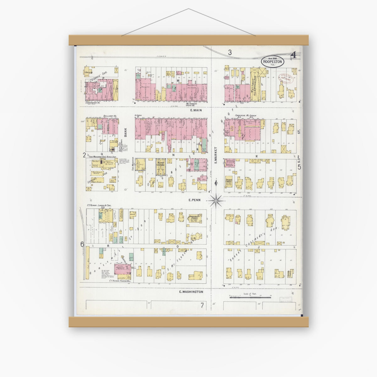 Old map wall art mockup — magnetic wood frame on white wall — Sanborn Fire Insurance Map from Hoopeston, Vermilion County, Illinois (1899), Sheet #0004
