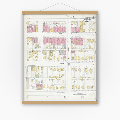 Old map wall art mockup — magnetic wood frame on white wall — Sanborn Fire Insurance Map from Hoopeston, Vermilion County, Illinois (1899), Sheet #0004