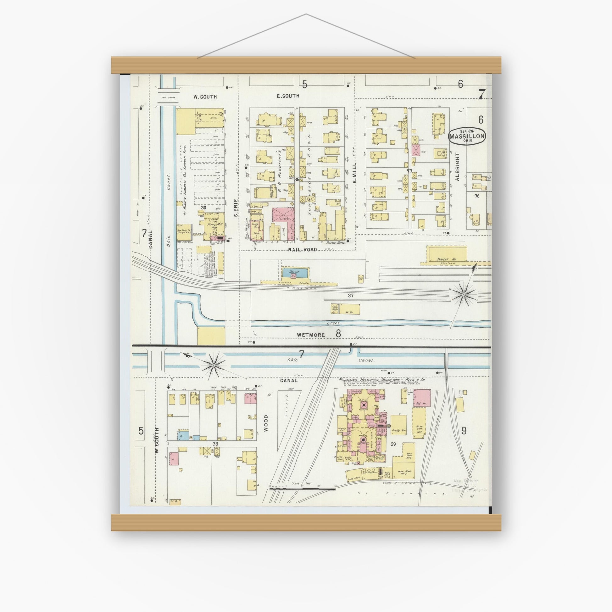 Old map wall art mockup — magnetic wood frame on white wall — Sanborn Fire Insurance Map from Massillon, Stark County, Ohio (1896), Sheet #0007