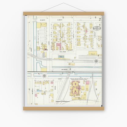 Old map wall art mockup — magnetic wood frame on white wall — Sanborn Fire Insurance Map from Massillon, Stark County, Ohio (1896), Sheet #0007