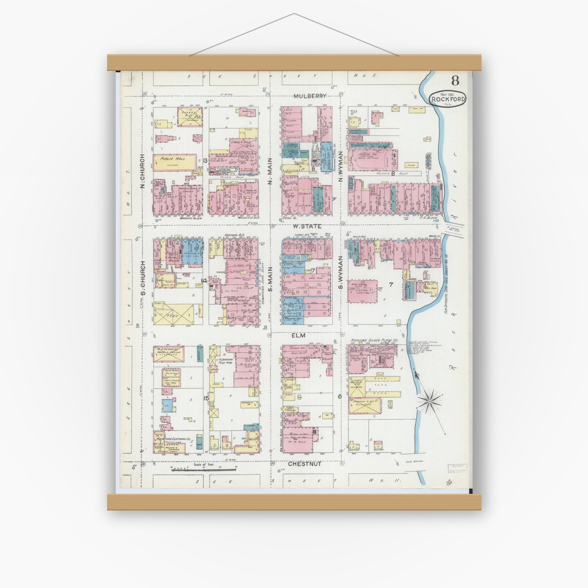 Old map wall art mockup — magnetic wood frame on white wall — Sanborn Fire Insurance Map from Rockford, Winnebago County, Illinois (1891), Sheet #0008