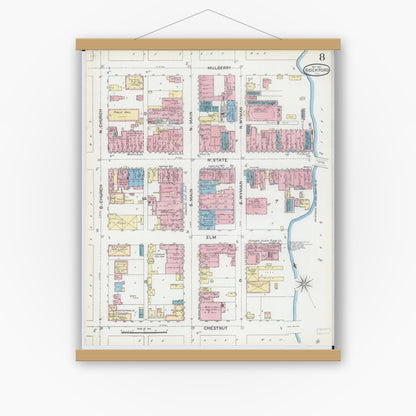 Old map wall art mockup — magnetic wood frame on white wall — Sanborn Fire Insurance Map from Rockford, Winnebago County, Illinois (1891), Sheet #0008