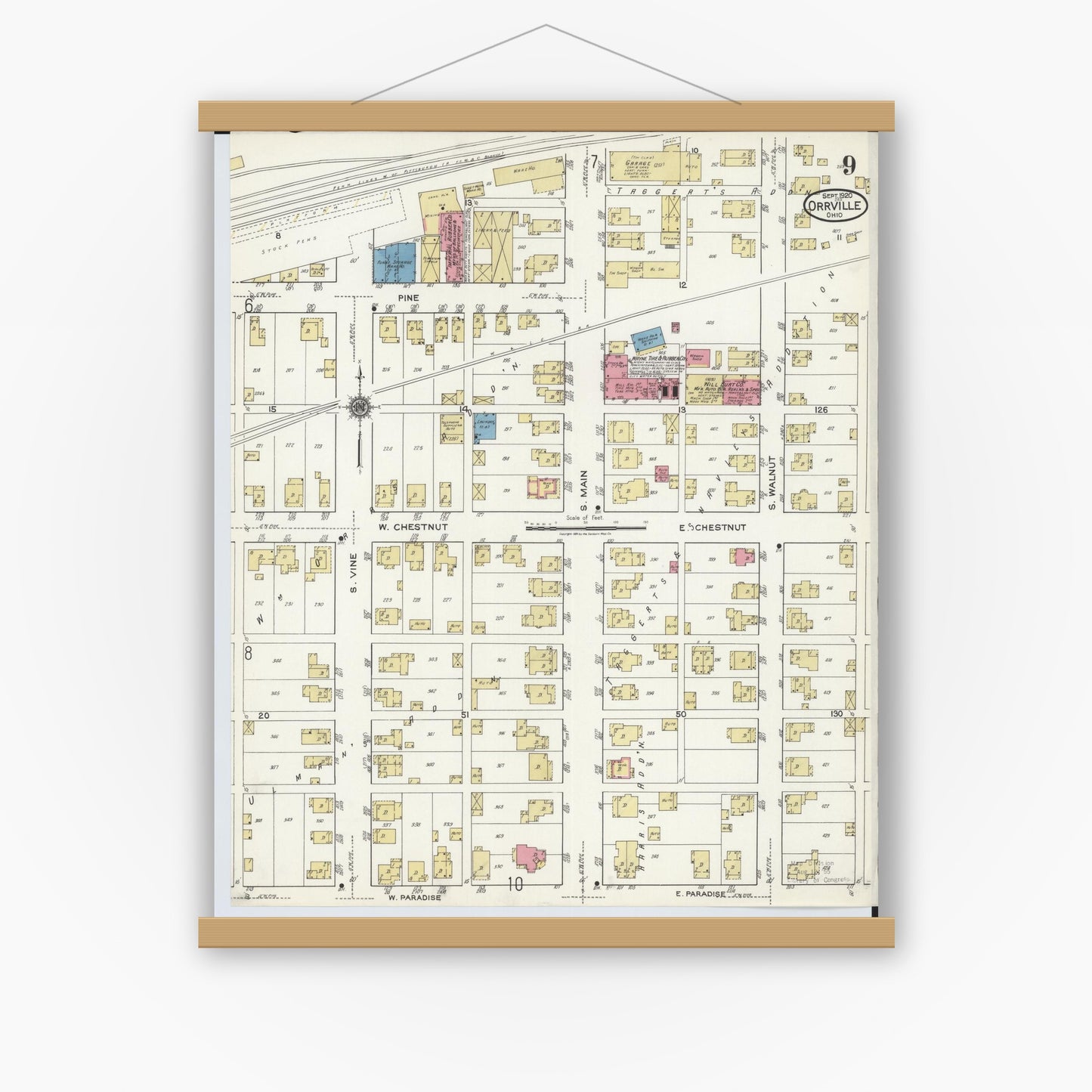 Old map wall art mockup — magnetic wood frame on white wall — Sanborn Fire Insurance Map from Orrville, Wayne County, Ohio (1920), Sheet #0009