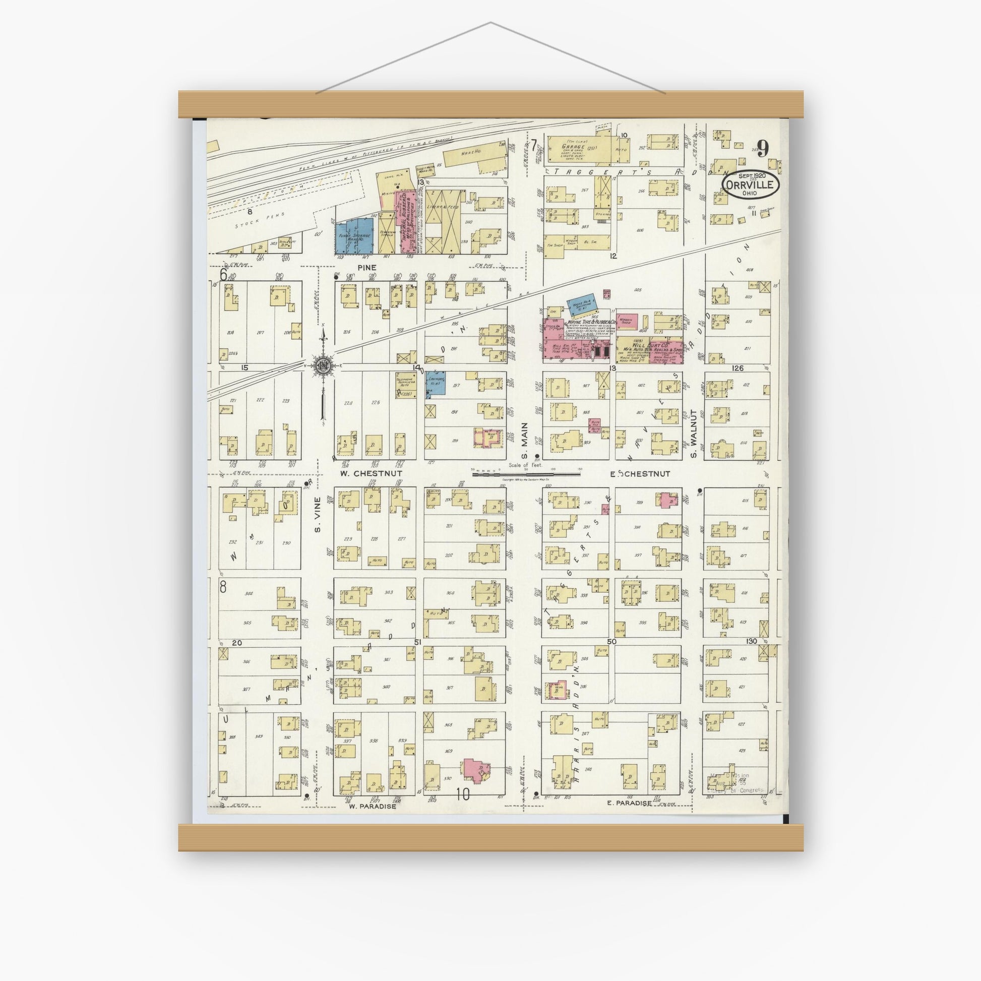Old map wall art mockup — magnetic wood frame on white wall — Sanborn Fire Insurance Map from Orrville, Wayne County, Ohio (1920), Sheet #0009