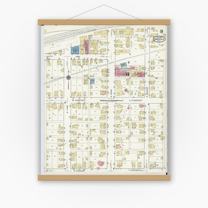Old map wall art mockup — magnetic wood frame on white wall — Sanborn Fire Insurance Map from Orrville, Wayne County, Ohio (1920), Sheet #0009