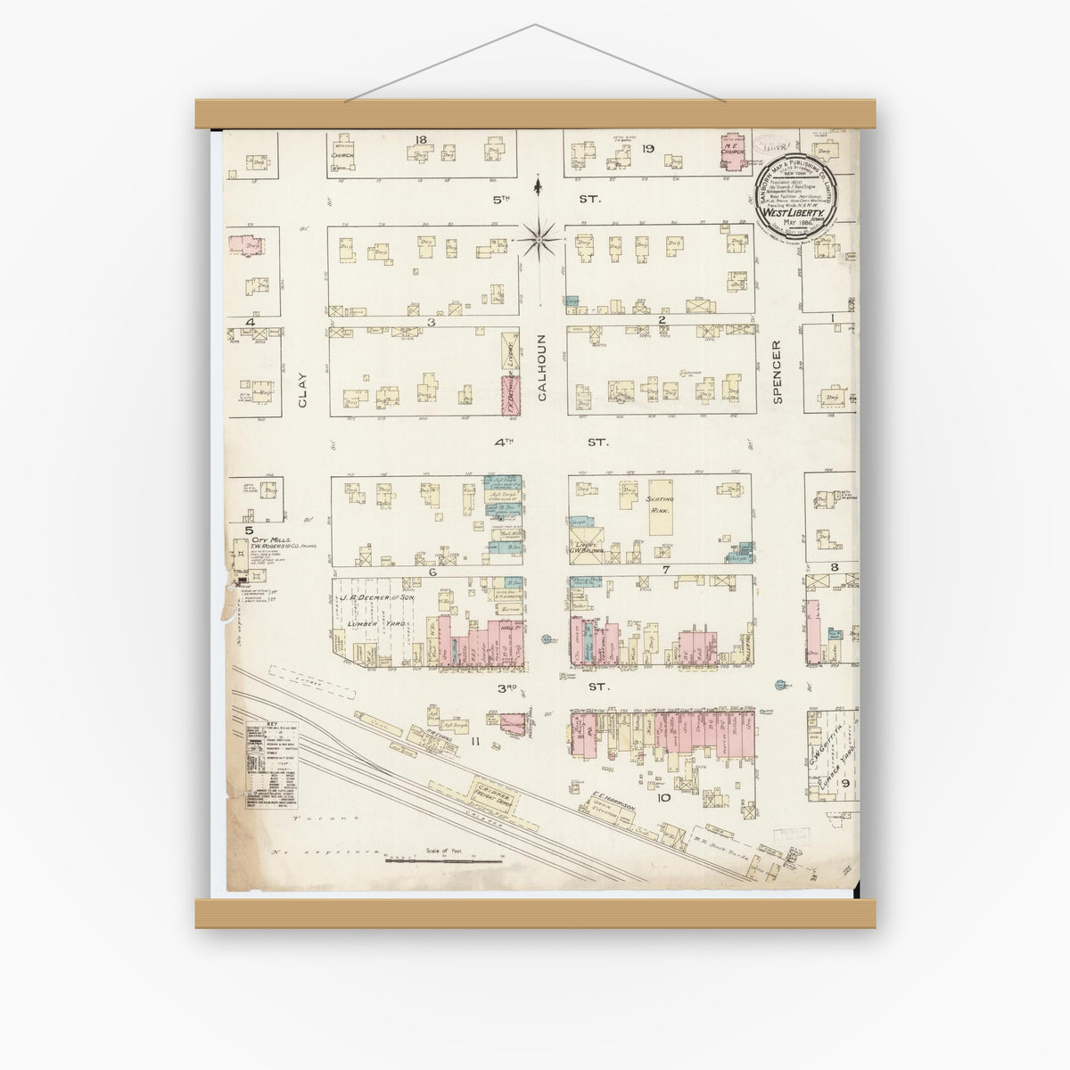 Old map wall art mockup — magnetic wood frame on white wall — Sanborn Fire Insurance Map from West Liberty, Muscatine County, Iowa (1886), Sheet #0001
