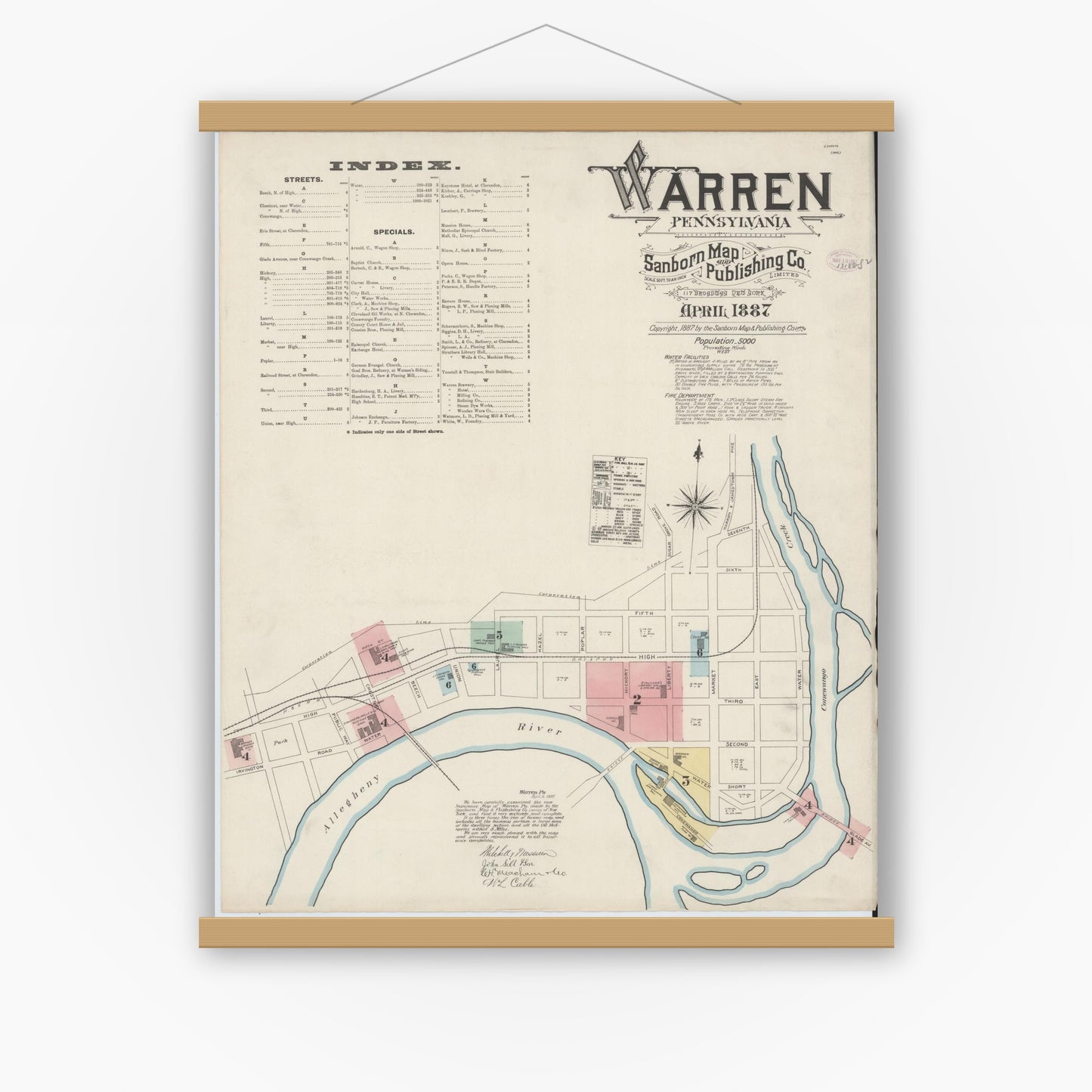 Old map wall art mockup — magnetic wood frame on white wall — Sanborn Fire Insurance Map from Warren, Warren County, Pennsylvania (1887), Sheet #0001