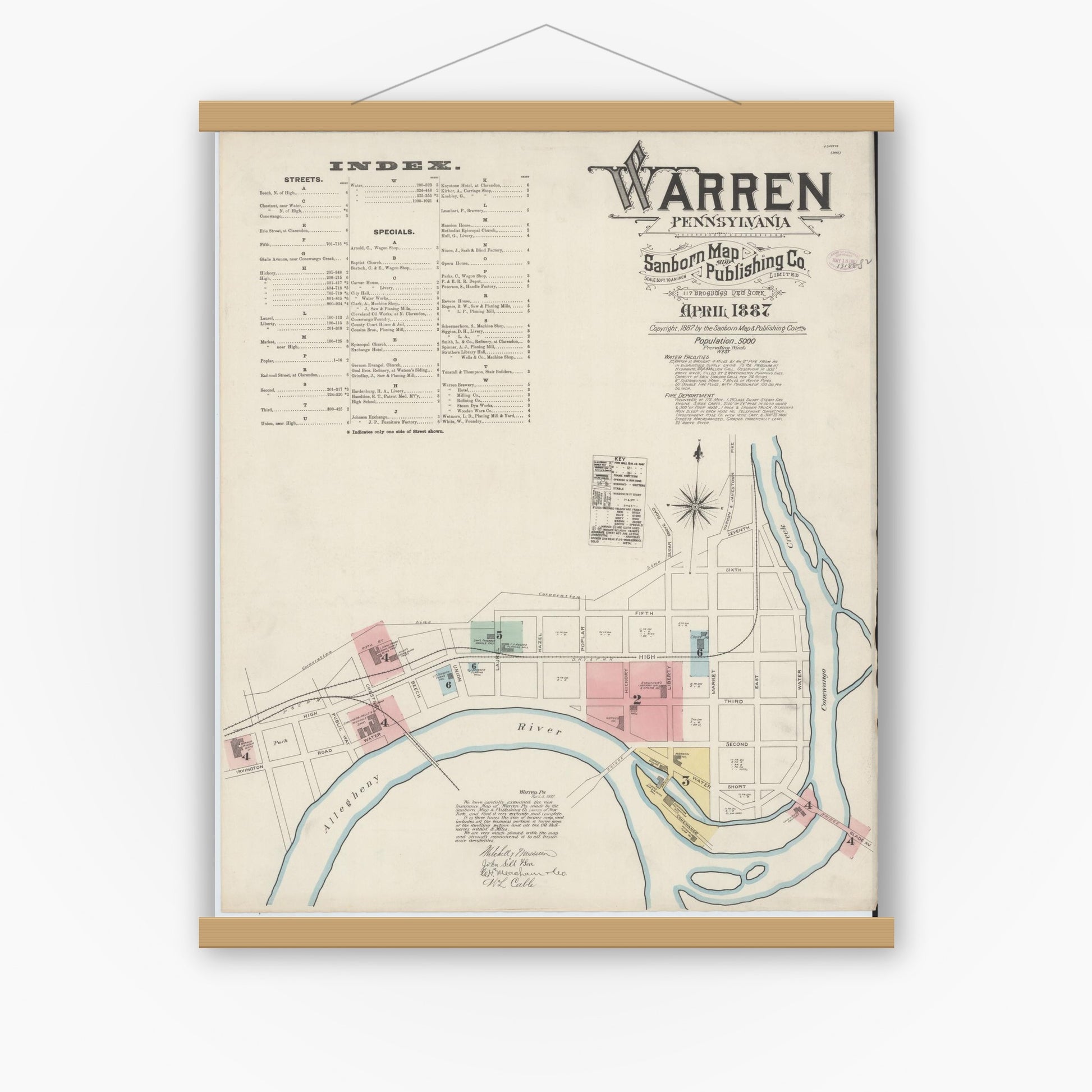 Old map wall art mockup — magnetic wood frame on white wall — Sanborn Fire Insurance Map from Warren, Warren County, Pennsylvania (1887), Sheet #0001
