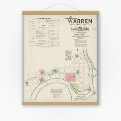 Old map wall art mockup — magnetic wood frame on white wall — Sanborn Fire Insurance Map from Warren, Warren County, Pennsylvania (1887), Sheet #0001