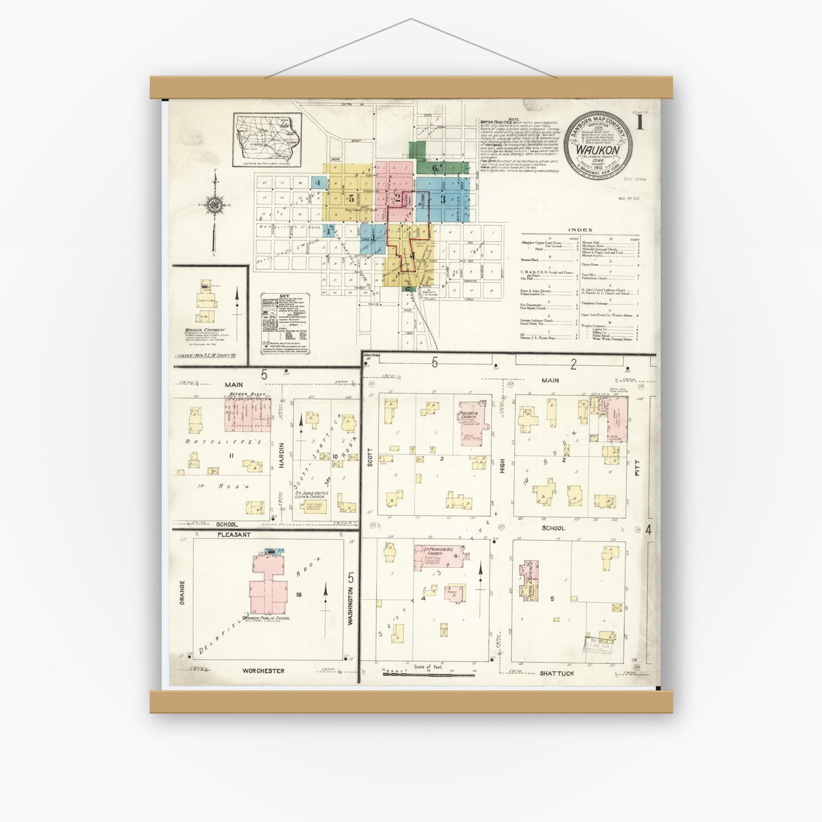 Old map wall art mockup — magnetic wood frame on white wall — Sanborn Fire Insurance Map from Waukon, Allamakee County, Iowa (1913) â€” Complete Set