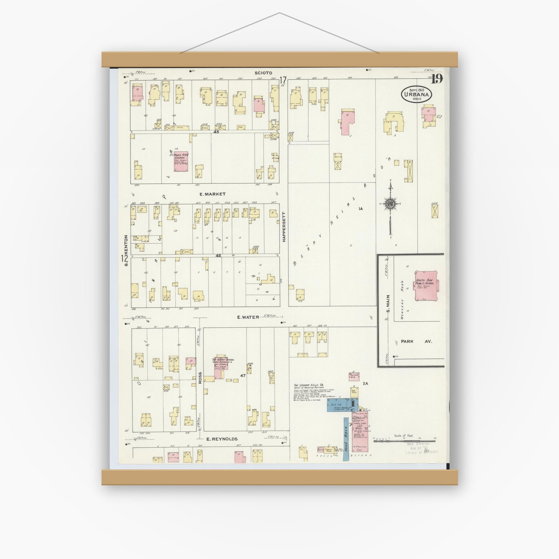Old map wall art mockup — magnetic wood frame on white wall — Sanborn Fire Insurance Map from Urbana, Champaign County, Ohio (1910), Sheet #0019
