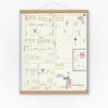 Old map wall art mockup — magnetic wood frame on white wall — Sanborn Fire Insurance Map from Urbana, Champaign County, Ohio (1910), Sheet #0019