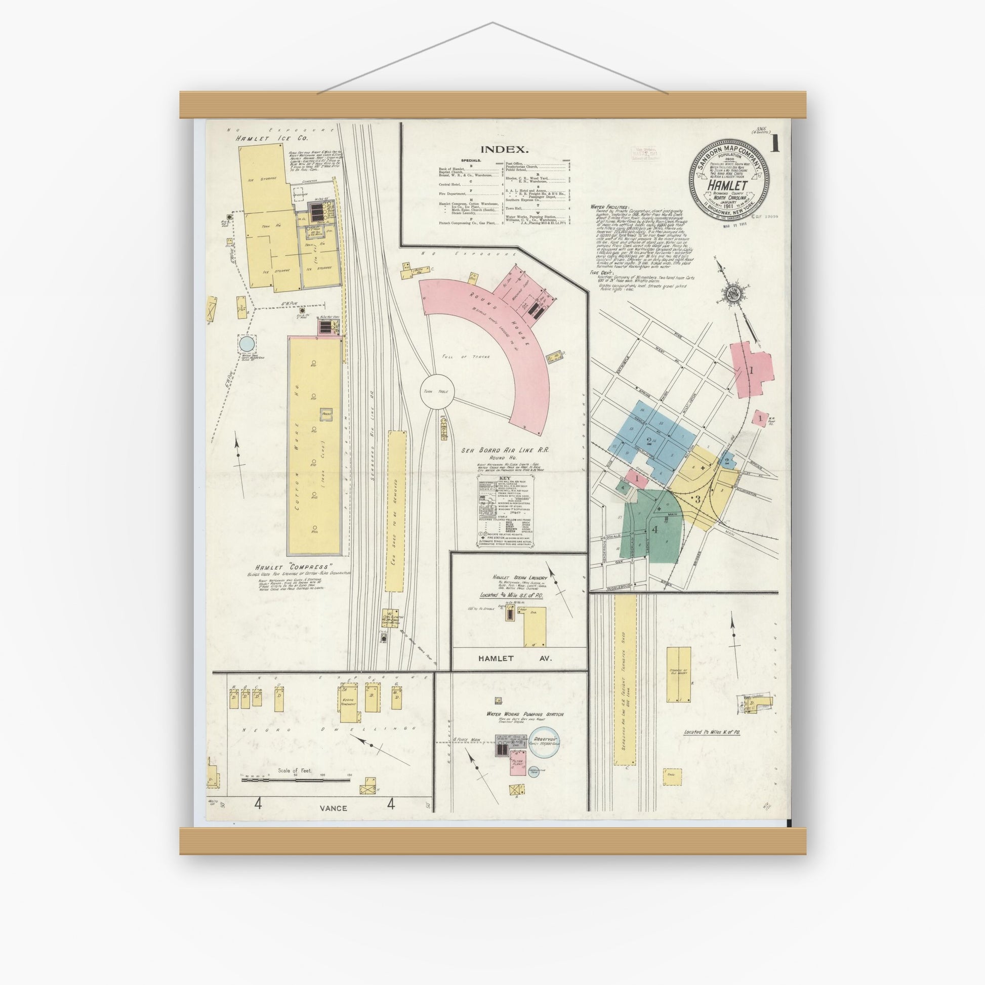 Old map wall art mockup — magnetic wood frame on white wall — Sanborn Fire Insurance Map from Hamlet, Richmond County, North Carolina (1911) - Complete Map Set
