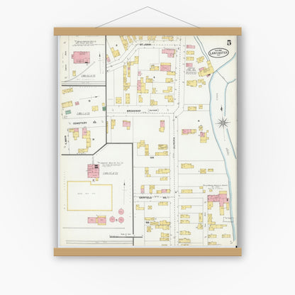 Old map wall art mockup — magnetic wood frame on white wall — Sanborn Fire Insurance Map from Lancaster, Erie County, New York (1904), Sheet #0005