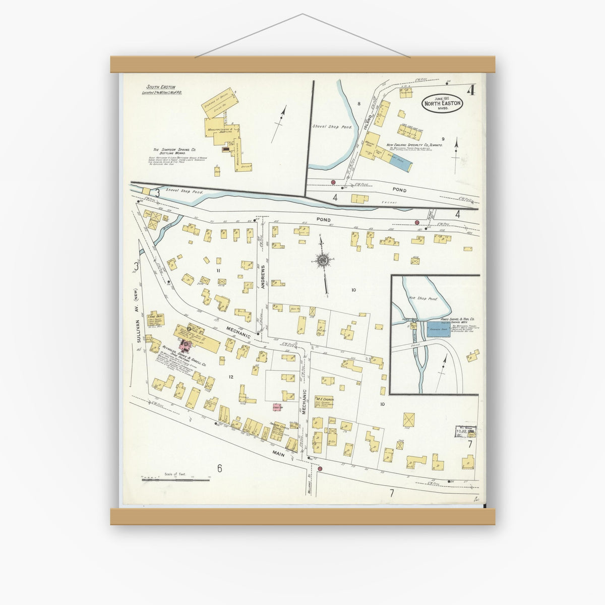 Old map wall art mockup — magnetic wood frame on white wall — Sanborn Fire Insurance Map from North Easton, Bristol County, Massachusetts (1911), Sheet #0004