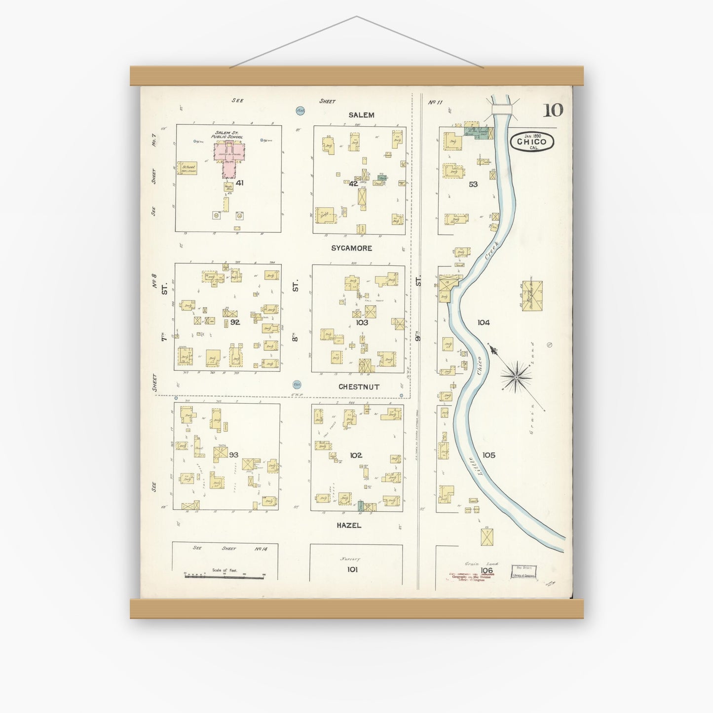 Old map wall art mockup — magnetic wood frame on white wall — Sanborn Fire Insurance Map from Chico, Butte County, California (1890), Sheet #0010