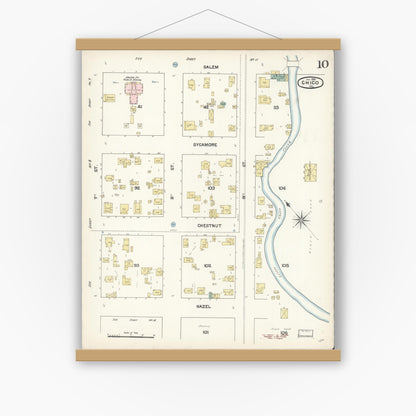 Old map wall art mockup — magnetic wood frame on white wall — Sanborn Fire Insurance Map from Chico, Butte County, California (1890), Sheet #0010