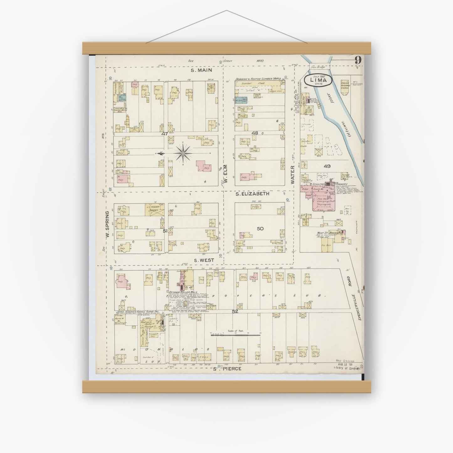 Old map wall art mockup — magnetic wood frame on white wall — Sanborn Fire Insurance Map from Lima, Allen County, Ohio (1887), Sheet #0009