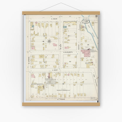 Old map wall art mockup — magnetic wood frame on white wall — Sanborn Fire Insurance Map from Lima, Allen County, Ohio (1887), Sheet #0009