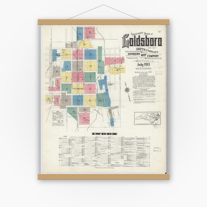 Old map wall art mockup — magnetic wood frame on white wall — Sanborn Fire Insurance Map from Goldsboro, Wayne County, North Carolina (1913) - Complete Map Set