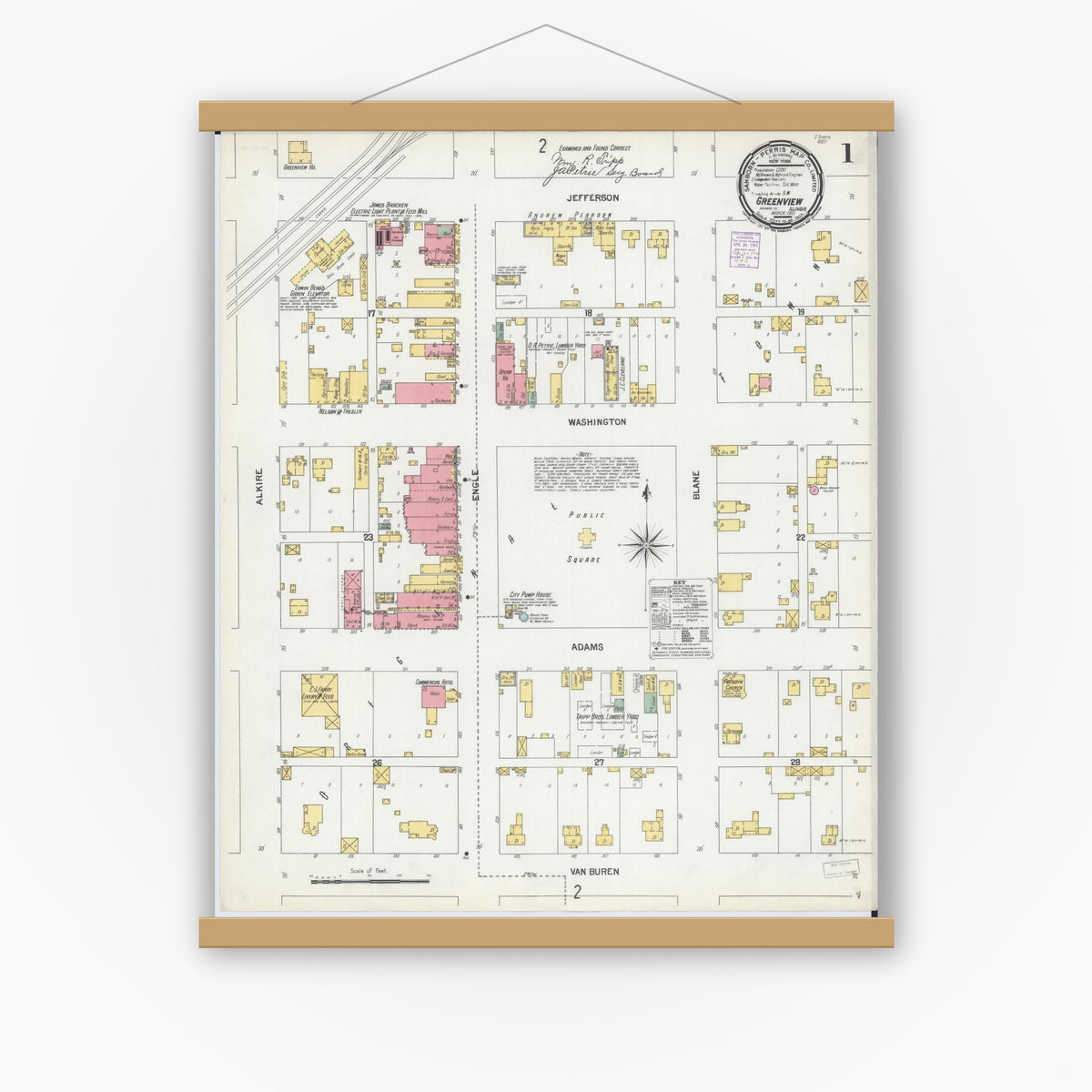 Old map wall art mockup — magnetic wood frame on white wall — Sanborn Fire Insurance Map from Greenview, Menard County, Illinois (1901) - Complete Map Set