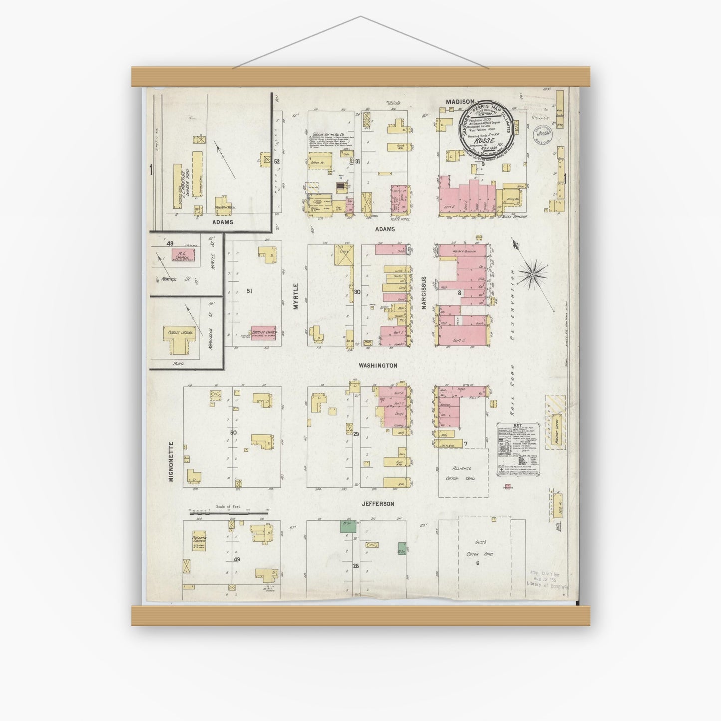 Old map wall art mockup — magnetic wood frame on white wall — Sanborn Fire Insurance Map from Kosse, Limestone County, Texas (1899), Sheet #0001