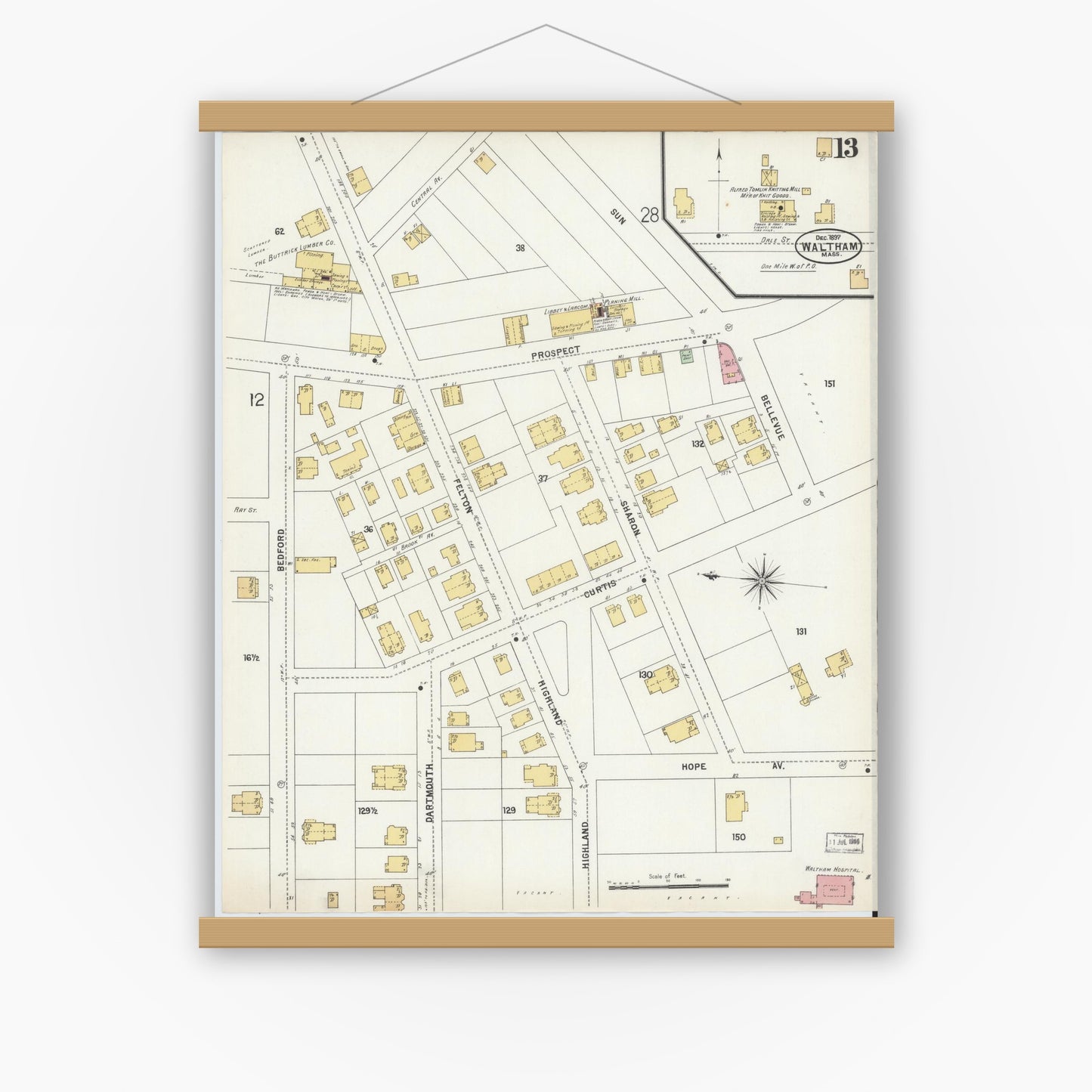 Old map wall art mockup — magnetic wood frame on white wall — Sanborn Fire Insurance Map from Waltham, Middlesex County, Massachusetts (1897), Sheet #0013