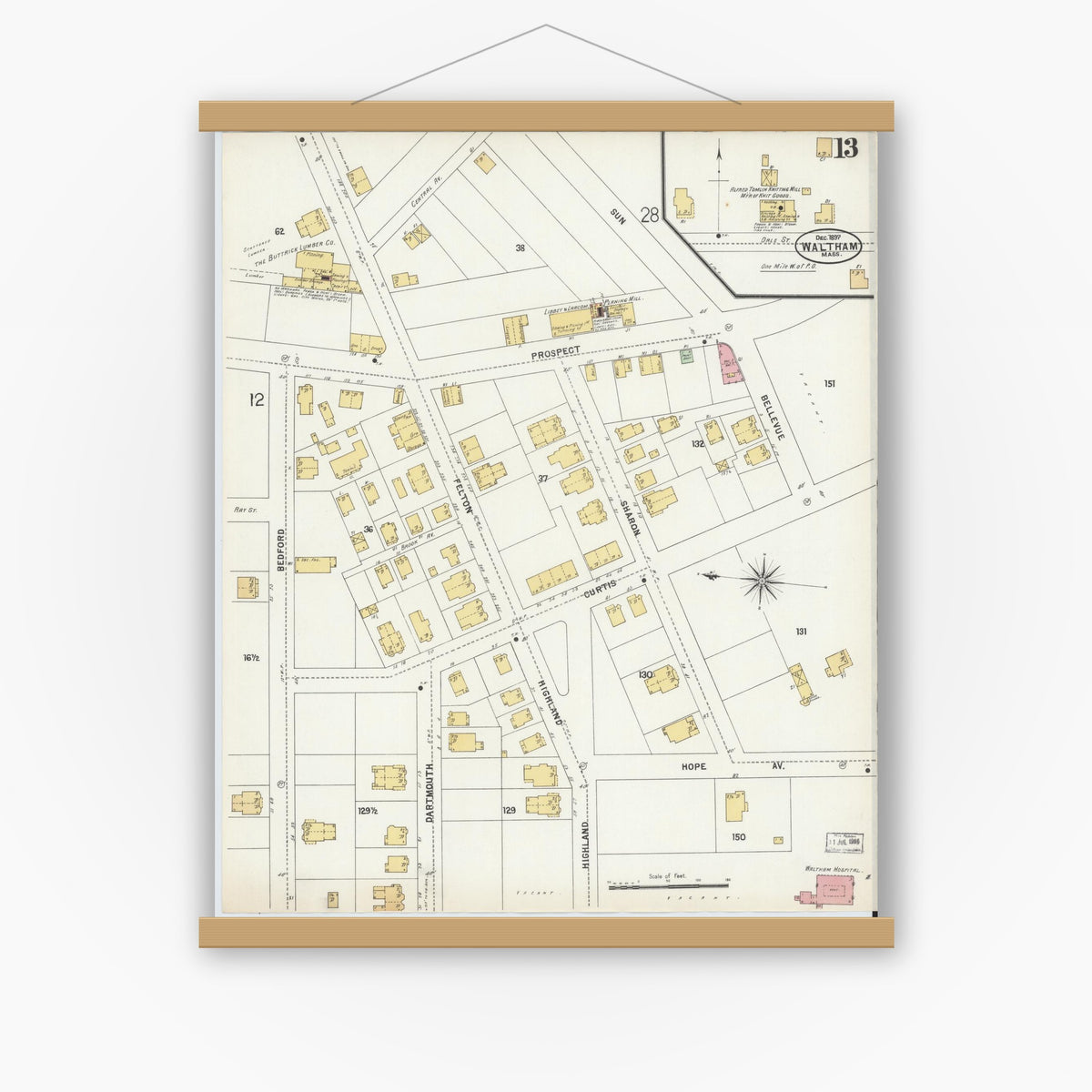 Old map wall art mockup — magnetic wood frame on white wall — Sanborn Fire Insurance Map from Waltham, Middlesex County, Massachusetts (1897), Sheet #0013