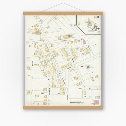 Old map wall art mockup — magnetic wood frame on white wall — Sanborn Fire Insurance Map from Waltham, Middlesex County, Massachusetts (1897), Sheet #0013
