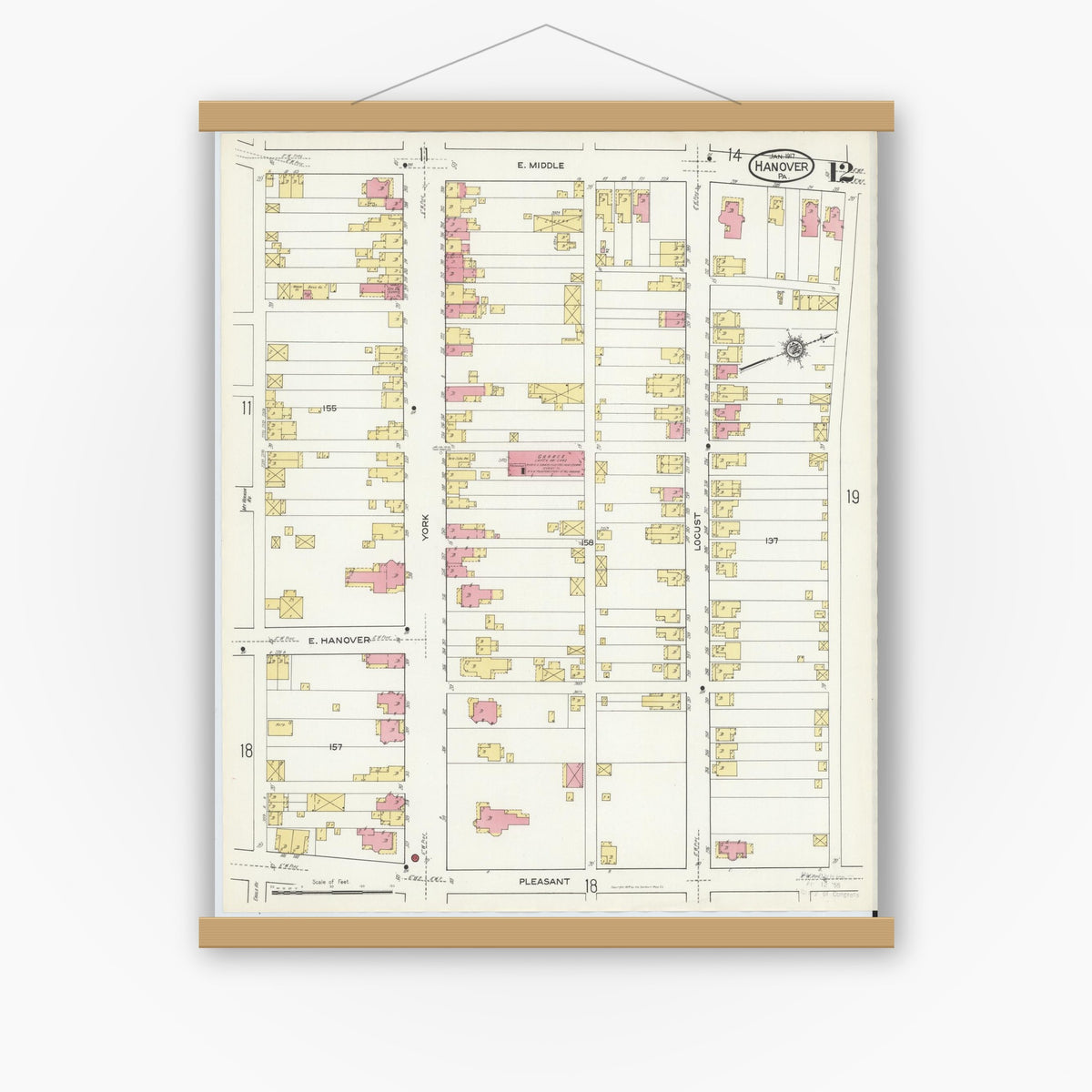 Old map wall art mockup — magnetic wood frame on white wall — Sanborn Fire Insurance Map from Hanover, York County, Pennsylvania (1917), Sheet #0012