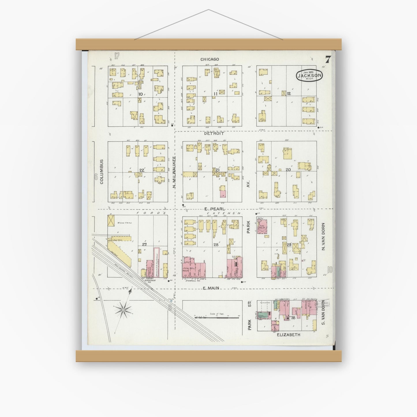 Old map wall art mockup — magnetic wood frame on white wall — Sanborn Fire Insurance Map from Jackson, Jackson County, Michigan (1893), Sheet #0007