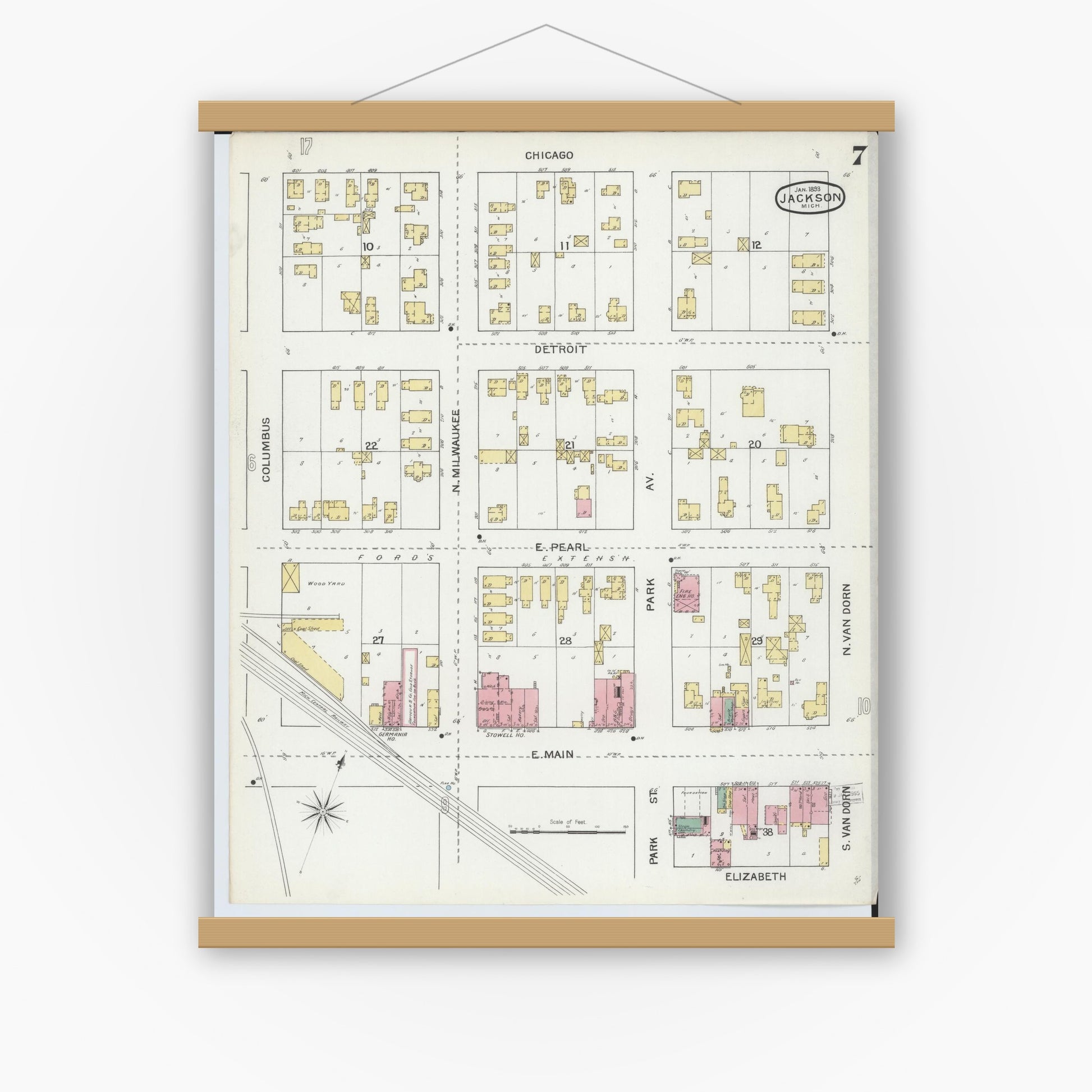 Old map wall art mockup — magnetic wood frame on white wall — Sanborn Fire Insurance Map from Jackson, Jackson County, Michigan (1893), Sheet #0007