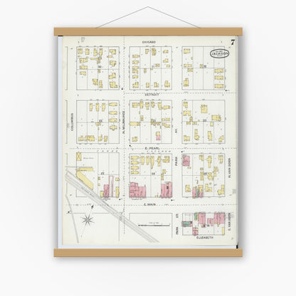 Old map wall art mockup — magnetic wood frame on white wall — Sanborn Fire Insurance Map from Jackson, Jackson County, Michigan (1893), Sheet #0007