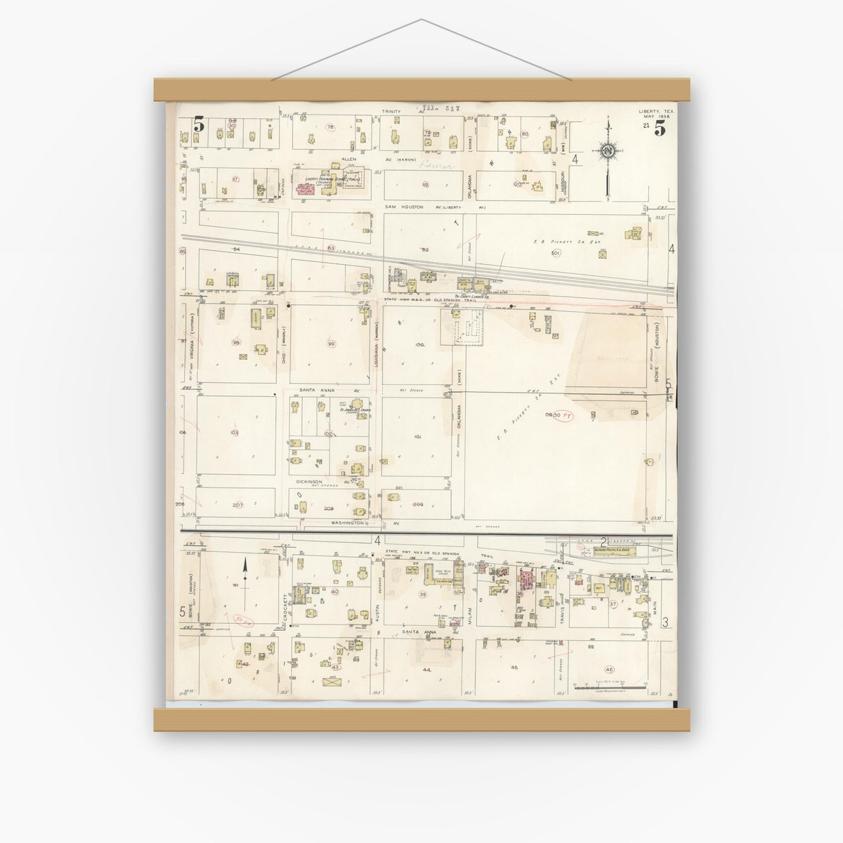 Old map wall art mockup — magnetic wood frame on white wall — Sanborn Fire Insurance Map from Liberty, Liberty County, Texas (1945), Sheet #0005