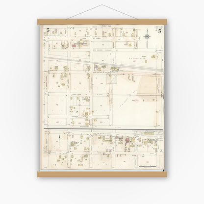 Old map wall art mockup — magnetic wood frame on white wall — Sanborn Fire Insurance Map from Liberty, Liberty County, Texas (1945), Sheet #0005