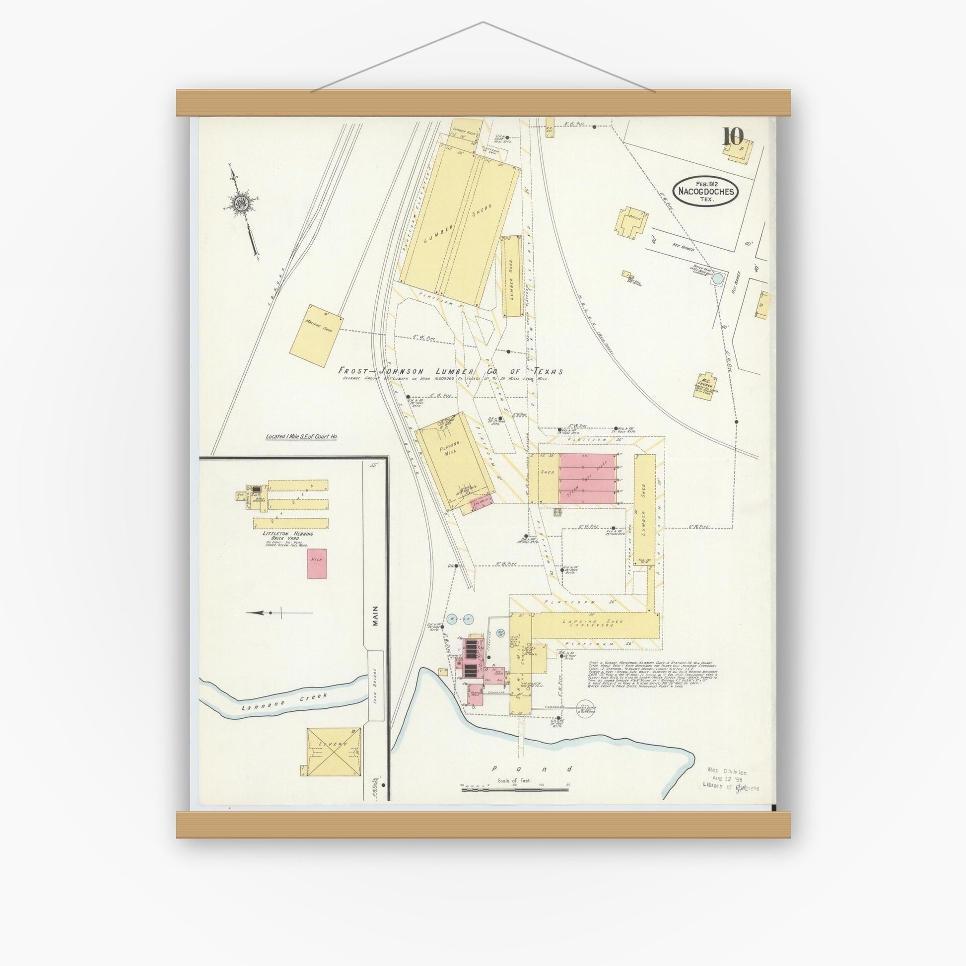 Old map wall art mockup — magnetic wood frame on white wall — Sanborn Fire Insurance Map from Nacogdoches, Nacogdoches County, Texas (1912), Sheet #0010