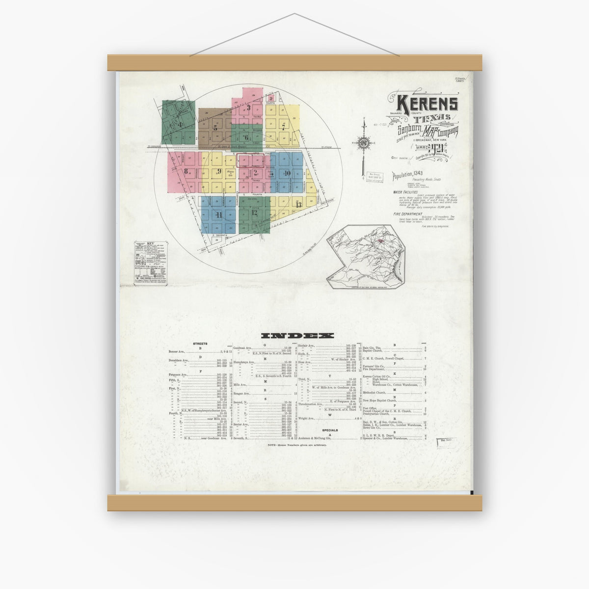 Old map wall art mockup — magnetic wood frame on white wall — Sanborn Fire Insurance Map from Kerens, Navarro County, Texas (1921) - Complete Map Set