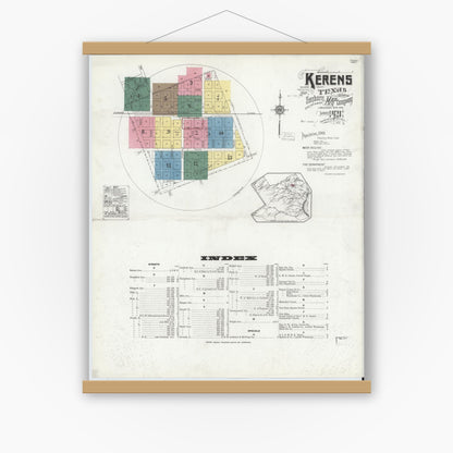 Old map wall art mockup — magnetic wood frame on white wall — Sanborn Fire Insurance Map from Kerens, Navarro County, Texas (1921) - Complete Map Set