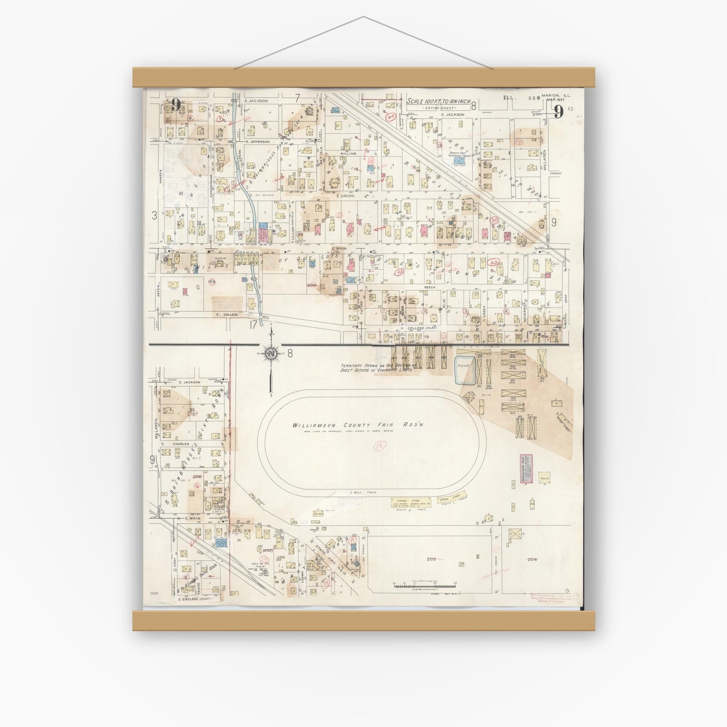 Old map wall art mockup — magnetic wood frame on white wall — Sanborn Fire Insurance Map from Marion, Williamson County, Illinois (1946), Sheet #0009
