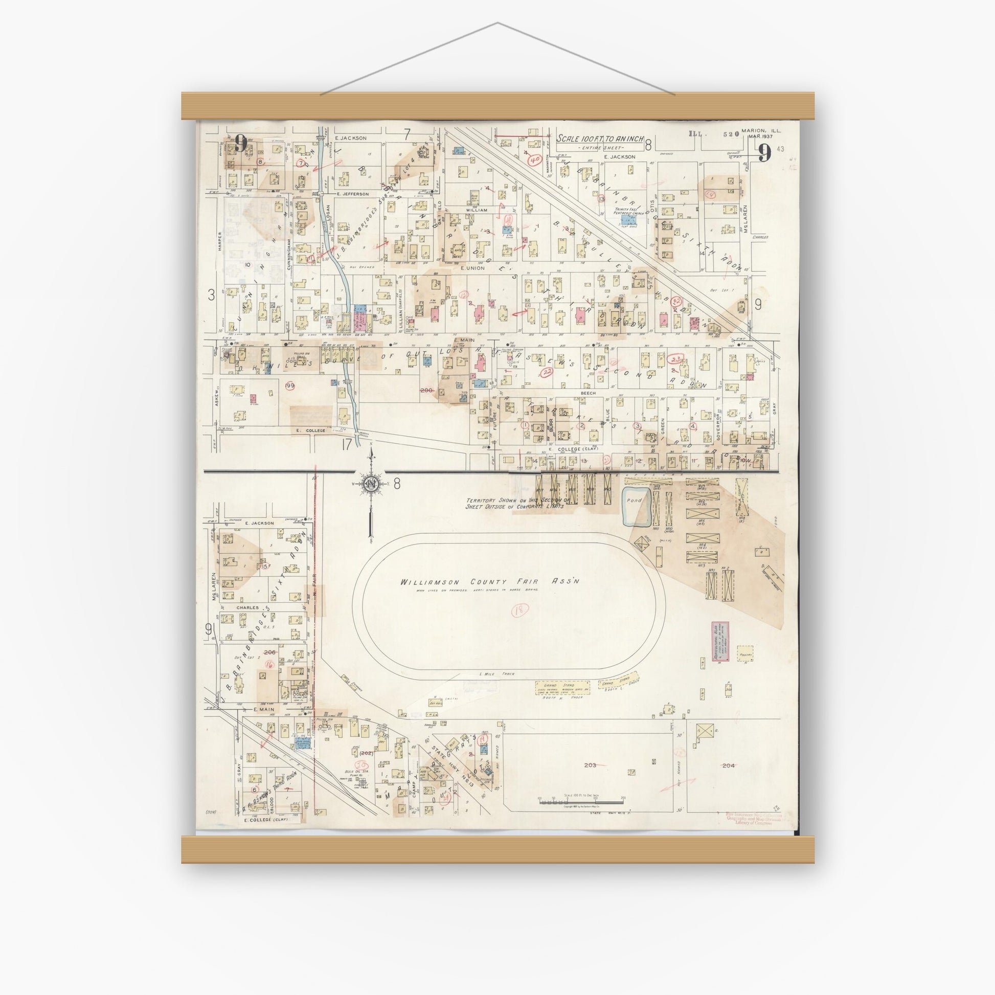 Old map wall art mockup — magnetic wood frame on white wall — Sanborn Fire Insurance Map from Marion, Williamson County, Illinois (1946), Sheet #0009