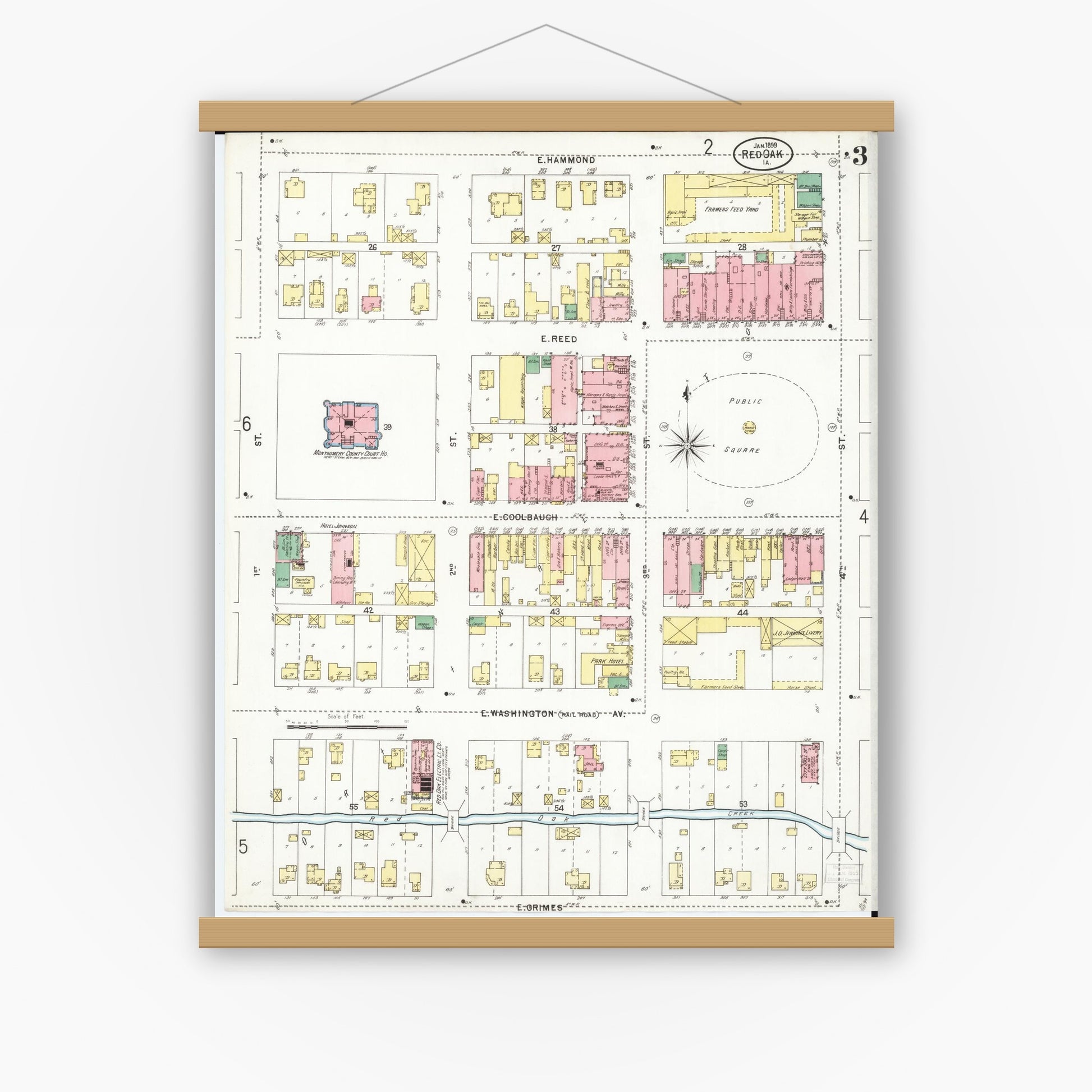 Old map wall art mockup — magnetic wood frame on white wall — Sanborn Fire Insurance Map from Red Oak, Montgomery County, Iowa (1899), Sheet #0003