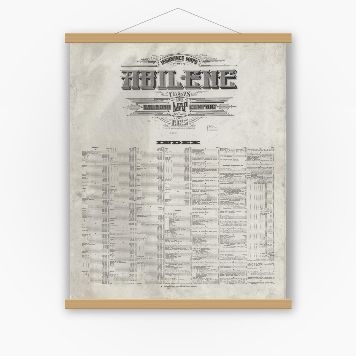 Old map wall art mockup — magnetic wood frame on white wall — Sanborn Fire Insurance Map from Abilene, Taylor County, Texas (1925), Sheet #0001
