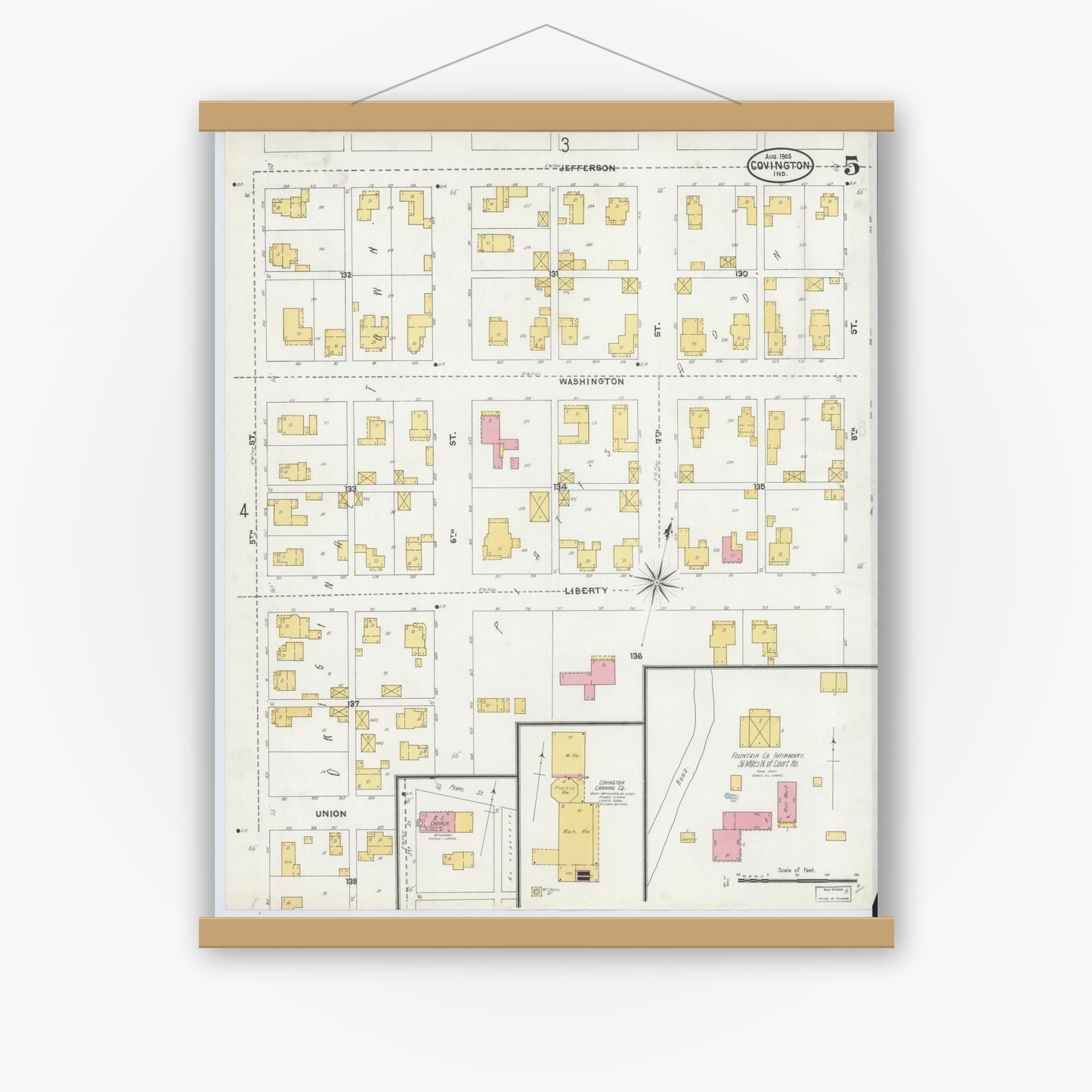 Old map wall art mockup — magnetic wood frame on white wall — Sanborn Fire Insurance Map from Covington, Fountain County, Indiana (1905), Sheet #0005