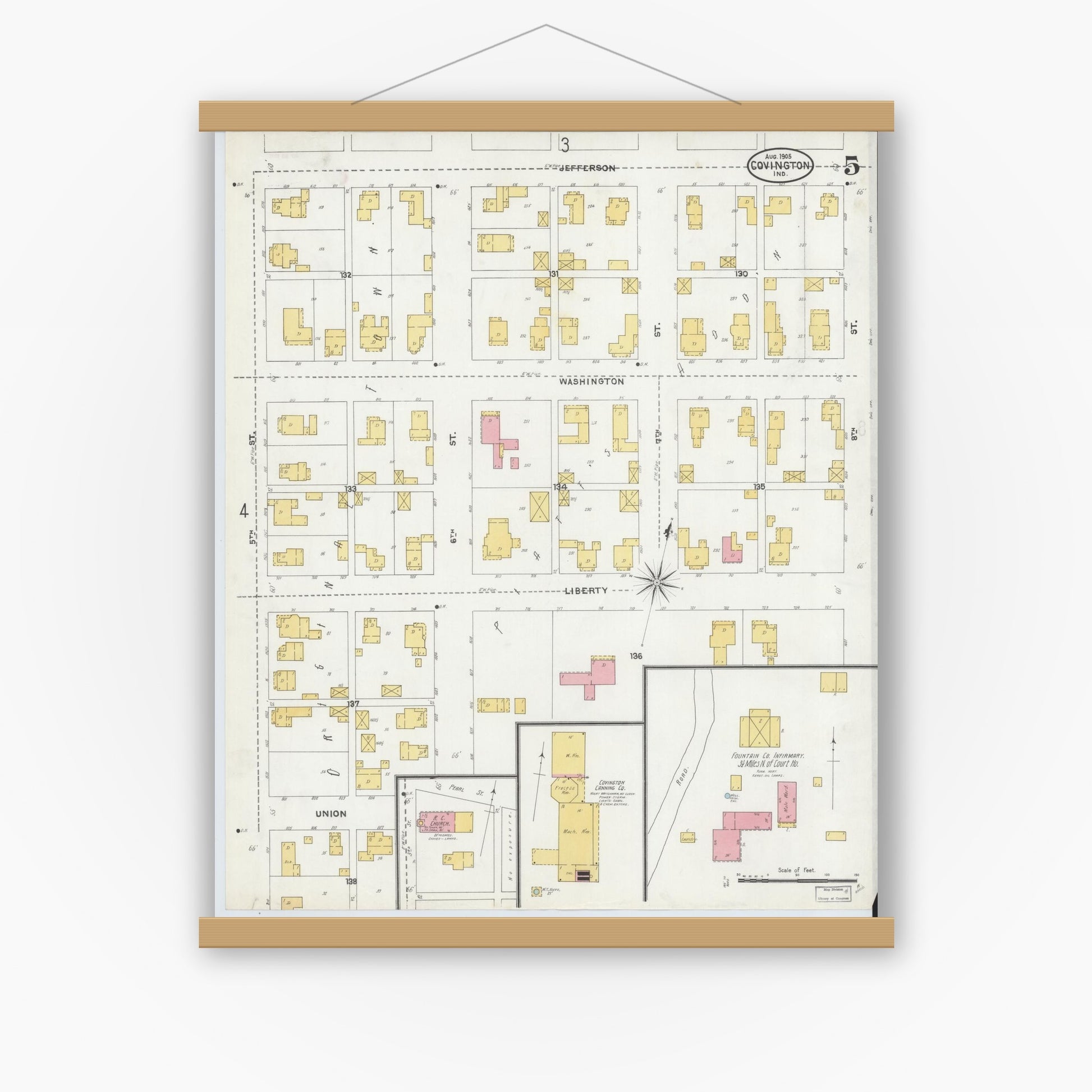 Old map wall art mockup — magnetic wood frame on white wall — Sanborn Fire Insurance Map from Covington, Fountain County, Indiana (1905), Sheet #0005
