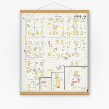 Old map wall art mockup — magnetic wood frame on white wall — Sanborn Fire Insurance Map from Covington, Fountain County, Indiana (1905), Sheet #0005