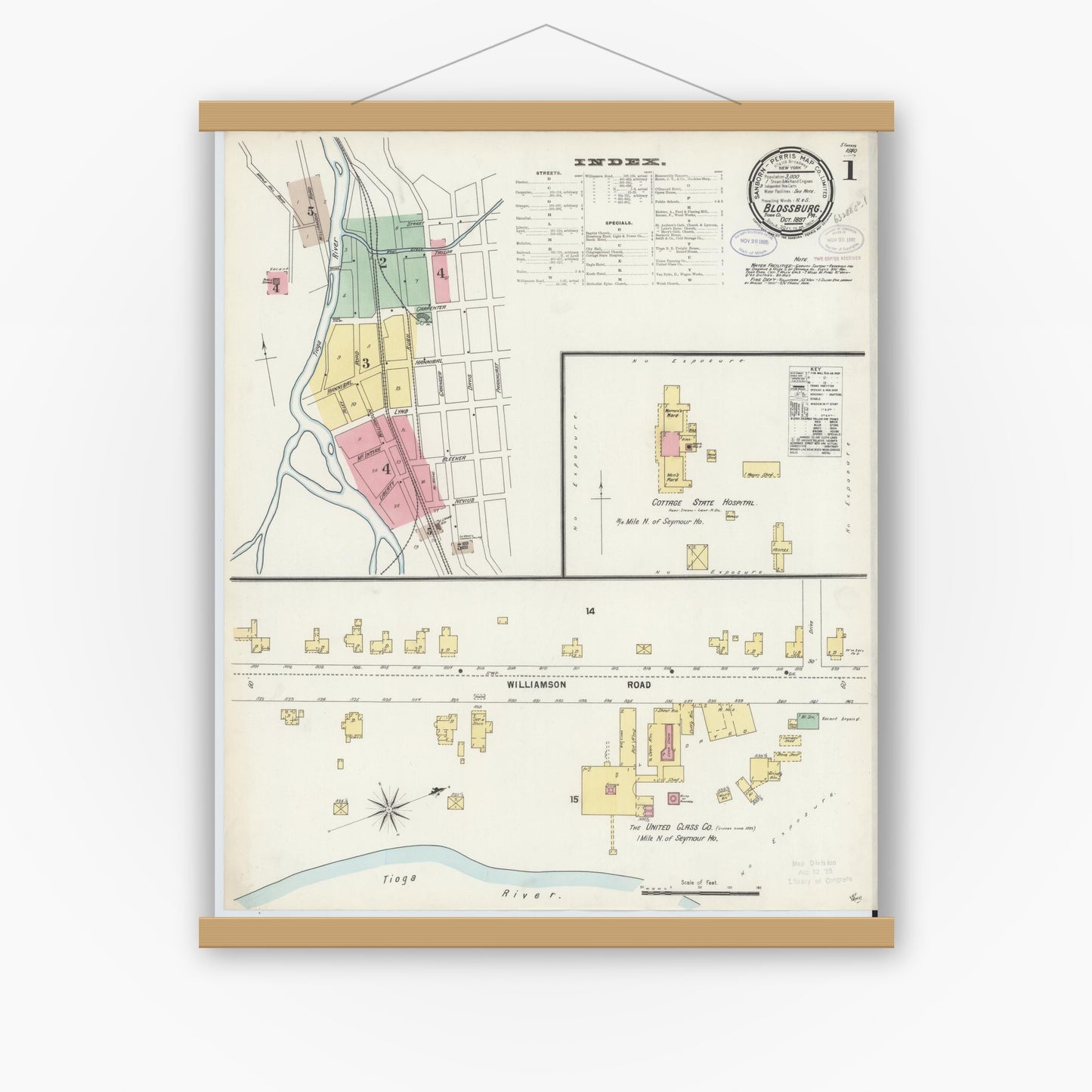 Old map wall art mockup — magnetic wood frame on white wall — Sanborn Fire Insurance Map from Blossburg, Tioga County, Pennsylvania (1897), Sheet #0001