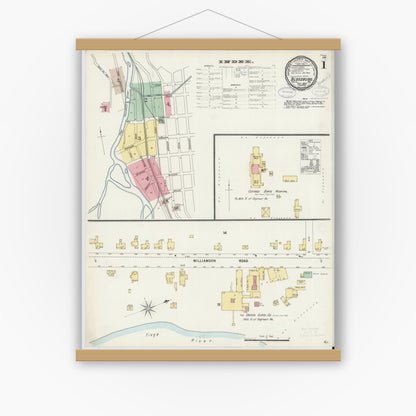 Old map wall art mockup — magnetic wood frame on white wall — Sanborn Fire Insurance Map from Blossburg, Tioga County, Pennsylvania (1897), Sheet #0001