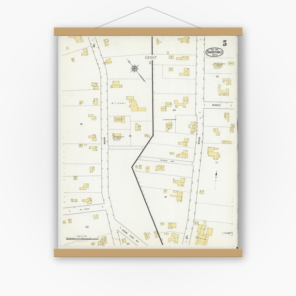 Old map wall art mockup — magnetic wood frame on white wall — Sanborn Fire Insurance Map from Barnstable, Barnstable County, Massachusetts (1916), Sheet #0005