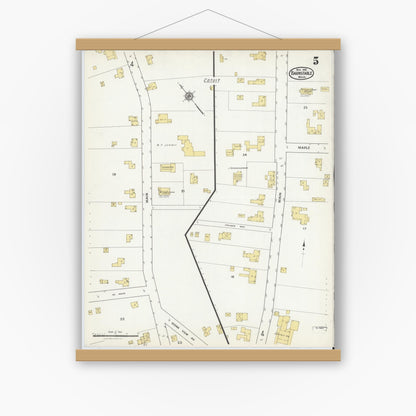 Old map wall art mockup — magnetic wood frame on white wall — Sanborn Fire Insurance Map from Barnstable, Barnstable County, Massachusetts (1916), Sheet #0005