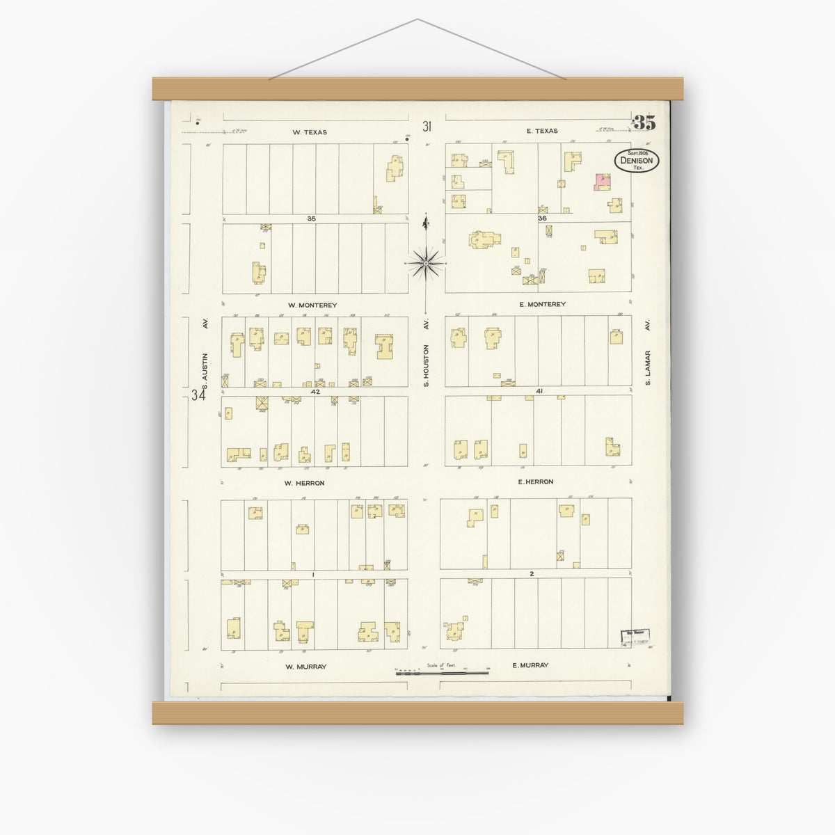 Old map wall art mockup — magnetic wood frame on white wall — Sanborn Fire Insurance Map from Denison, Grayson County, Texas (1908), Sheet #0035
